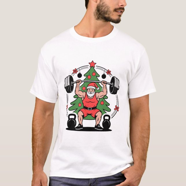 Santa Lifting Weights Weihnachtsbaum Fitness T-Shirt (Vorderseite)