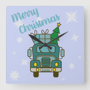 Santa LKW Vorderansicht Frohe Weihnachten Quadratische Wanduhr
