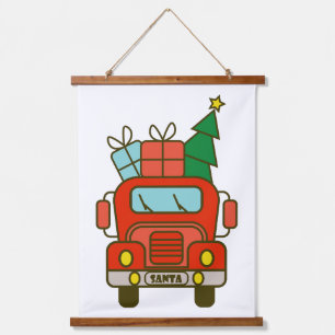Santa LKW Vorderansicht Frohe Weihnachten Wandteppich Mit Holzrahmen