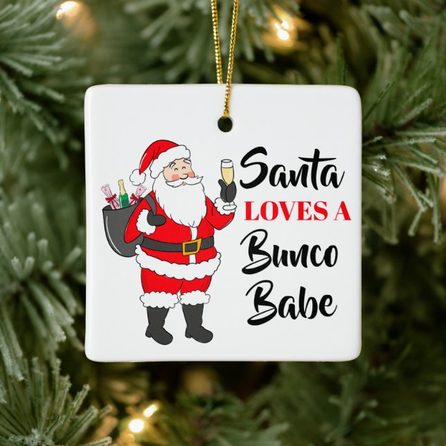 Santa Loves A Bunco Babe Funny Wine Custom Keramikornament (Baum)