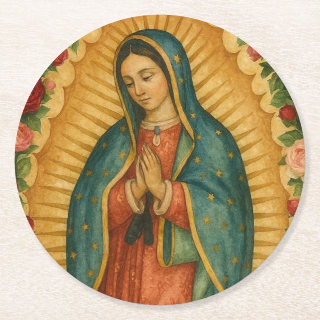 Santa Maria, Virgen de Guadalupe Mother Mary Roses Runder Pappuntersetzer (Vorderseite)