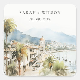 Santa Marta Colombia Watercolor Landscape Wedding Quadratischer Aufkleber