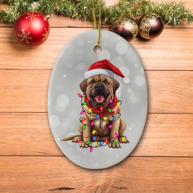 Santa Mastiff Dog in Weihnachtslicht ummantelt Keramik Ornament (Von Creator hochgeladen)