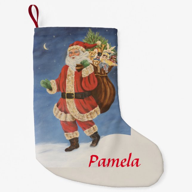 Santa mit Bagful of Toys in Snow Acrylmalerei Kleiner Weihnachtsstrumpf (Vorderseite)
