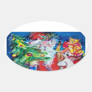 SANTA MIT CHRISTMAS TREE UND GIFTS OVALER AUFKLEBER