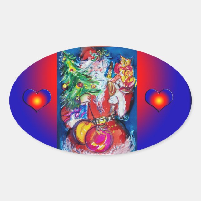 SANTA MIT CHRISTMAS TREE UND GIFTS OVALER AUFKLEBER (Vorderseite)