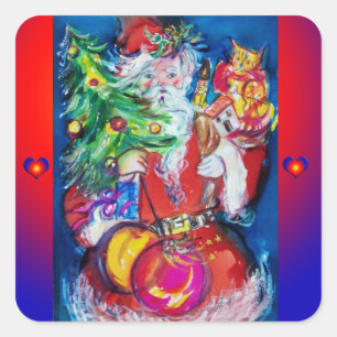 SANTA MIT CHRISTMAS TREE UND GIFTS QUADRATISCHER AUFKLEBER