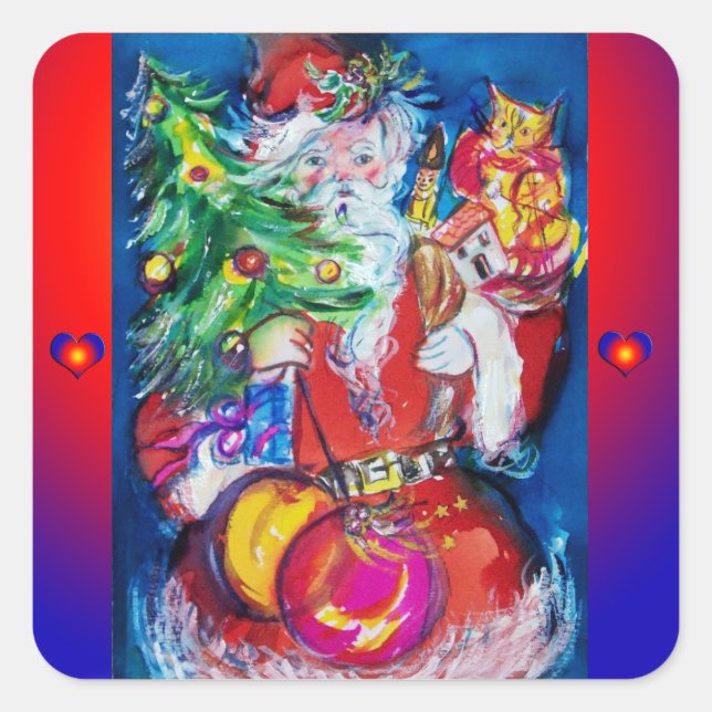 SANTA MIT CHRISTMAS TREE UND GIFTS QUADRATISCHER AUFKLEBER (Vorderseite)