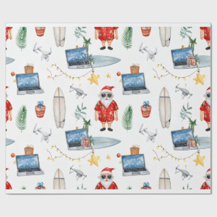 Santa mit Computer und Surfboard an Weihnachten  Geschenkpapier