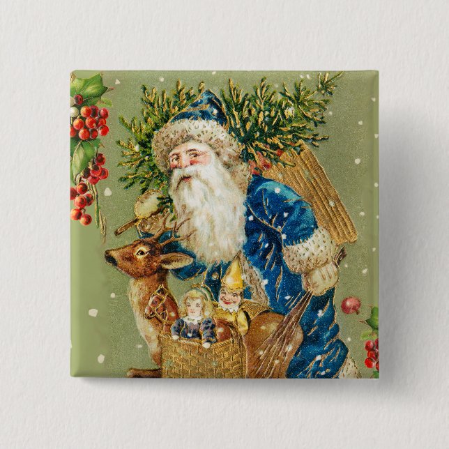 SANTA MIT DEER UND CHRISTMAS GIFTS IM WINTERSCHNEE BUTTON (Vorderseite)