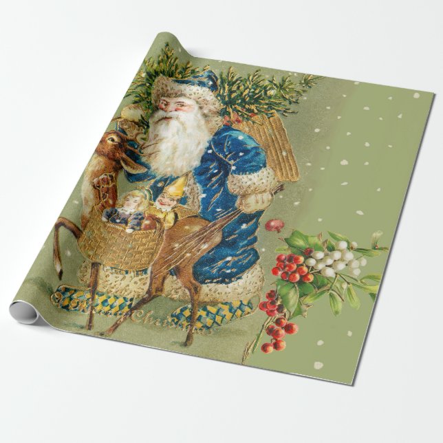 SANTA MIT DEER UND CHRISTMAS GIFTS IM WINTERSCHNEE GESCHENKPAPIER (Ungerollt)