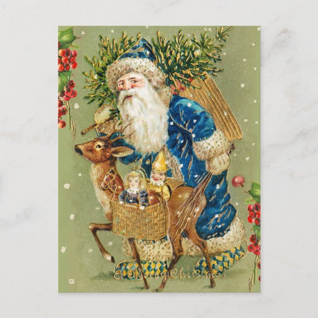SANTA MIT DEER UND CHRISTMAS GIFTS IM WINTERSCHNEE POSTKARTE (Vorderseite)