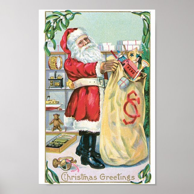 Santa mit einer großen Tüte an Geschenken Poster (Vorne)
