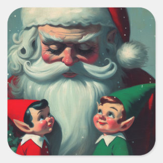 Santa mit Elves Retro Weihnachten Vintag Quadratischer Aufkleber