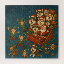 Santa mit fröhlichen Hunden und Elfen!