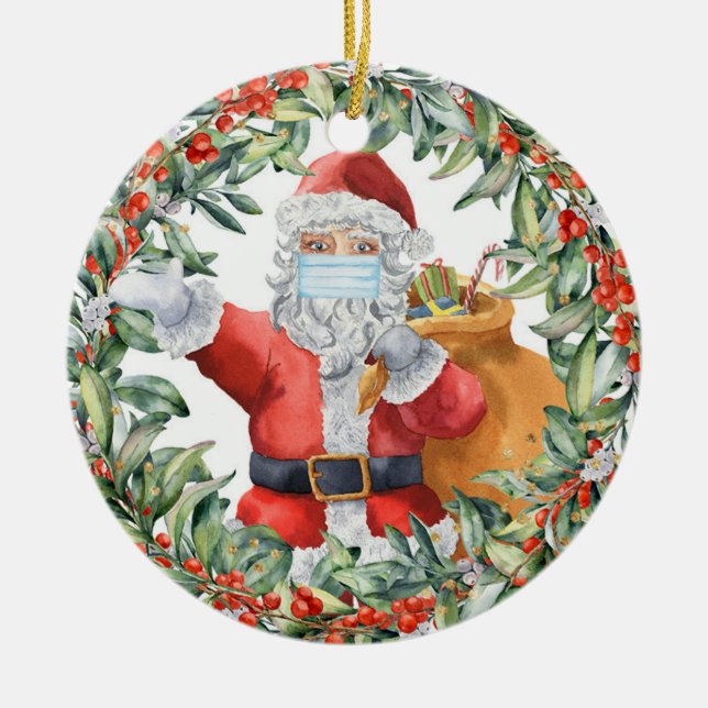 Santa mit Gesichtsmaske 2020 pro Jahr zur Erinneru Keramik Ornament (Vorne)