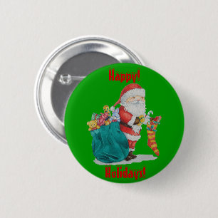 Santa mit grünem Sack, bereit für Weihnachten Button