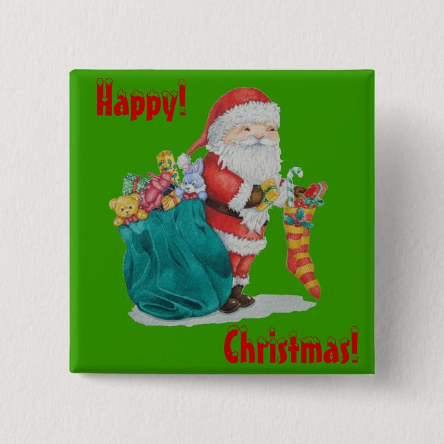 Santa mit grünem Sack, bereit für Weihnachten Button (Vorderseite)