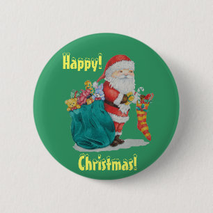 Santa mit grünem Sack, bereit für Weihnachten Button