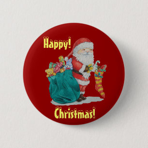 Santa mit grünem Sack, bereit für Weihnachten Button