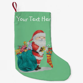 Santa mit grünem Sack gefüllt mit Weihnachtsgesche Kleiner Weihnachtsstrumpf