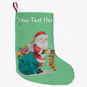 Santa mit grünem Sack gefüllt mit Weihnachtsgesche Kleiner Weihnachtsstrumpf