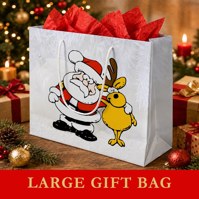 Santa mit Hirsch Cartoon große Geschenktasche Geschenktüte (Santa With Deer Cartoon Large Gift Bag)