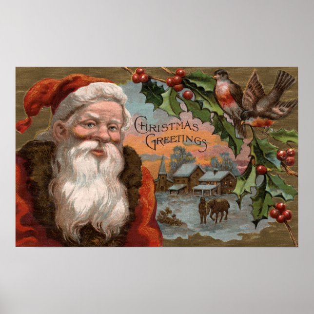 Santa mit Holly, Dorfszene Poster (Vorne)