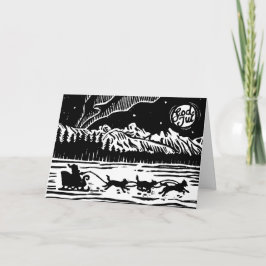 Santa mit Hund Sleigh in der arktischen Lino Print Einladung