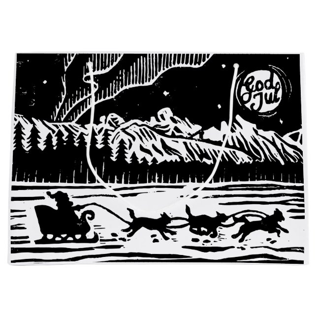 Santa mit Hund Sleigh in der arktischen Lino Print Große Geschenktüte (Vorderseite)