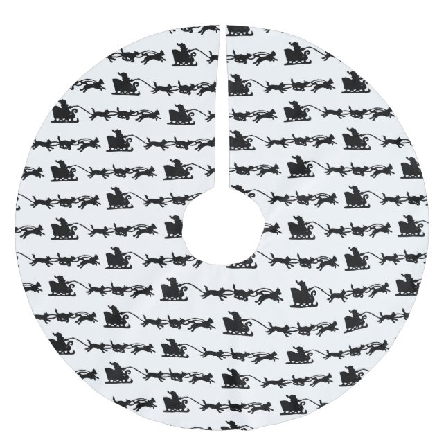 Santa mit Hund Sleigh in der arktischen Lino Print Polyester Weihnachtsbaumdecke (Vorderseite)