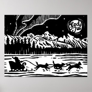 Santa mit Hund Sleigh in der arktischen Lino Print Poster
