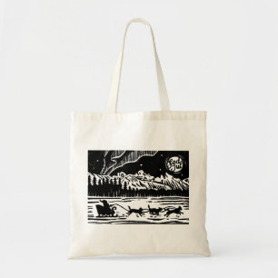 Santa mit Hund Sleigh in der arktischen Lino Print Tragetasche