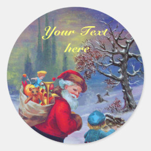 SANTA MIT KIND IM WINTERSCHNEE RUNDER AUFKLEBER