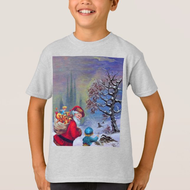 SANTA MIT KIND IM WINTERSCHNEE T-Shirt (Vorderseite)