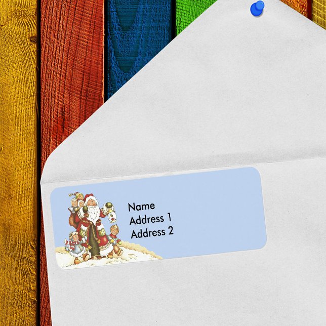 Santa mit Kindern laufen in schneeblau (Cute Santa Claus with little children in snow on light blue return address labels for Christmas.)