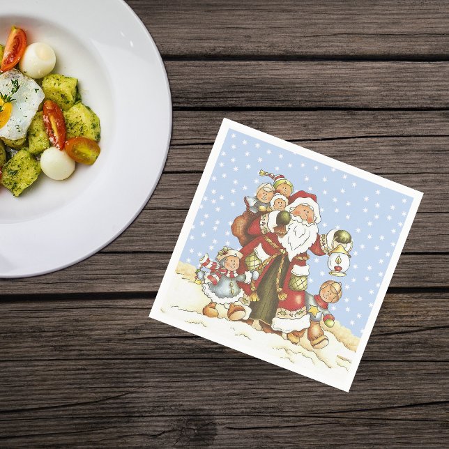 Santa mit Lattern Kinder im Schnee fallen Serviette (Santa Claus with children walking in snow blue sky on Christmas napkins.)