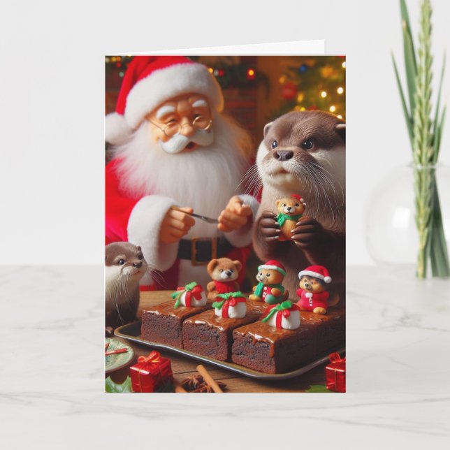 Santa mit Otters und Weihnachts-Süßigkeiten Karte (Vorderseite)