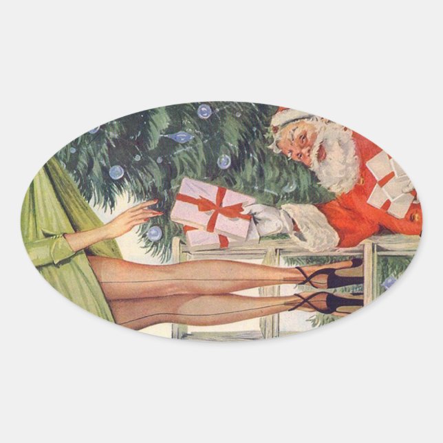 Santa mit Pinup Girl Legs mit gesiegelten Strümpfe Ovaler Aufkleber (Vorderseite)