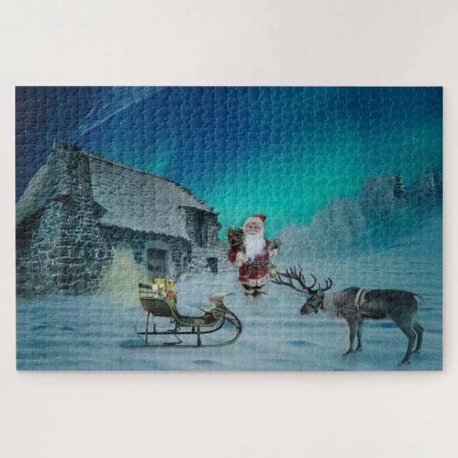 Santa mit Rentier Aurora Borealis Holiday Puzzle (Horizontal)