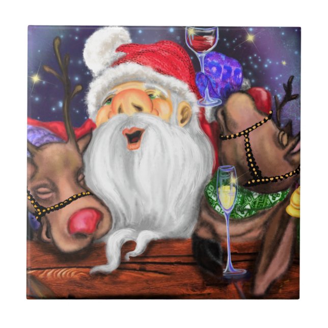 Santa mit Rentieren Funny Christmas Keramik Tile Fliese (Vorderseite)