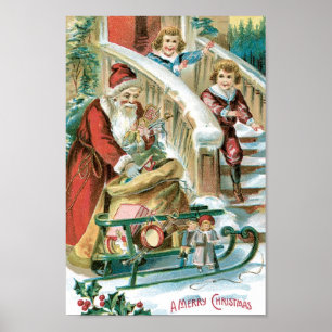 Santa mit Schlitten und Geschenke für Kinder Poster