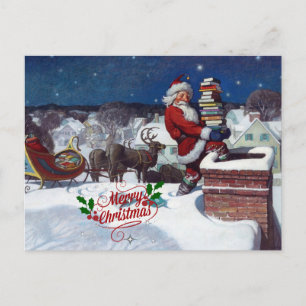 Santa mit Schlitten voller Bücher, Frohe Weihnacht Postkarte