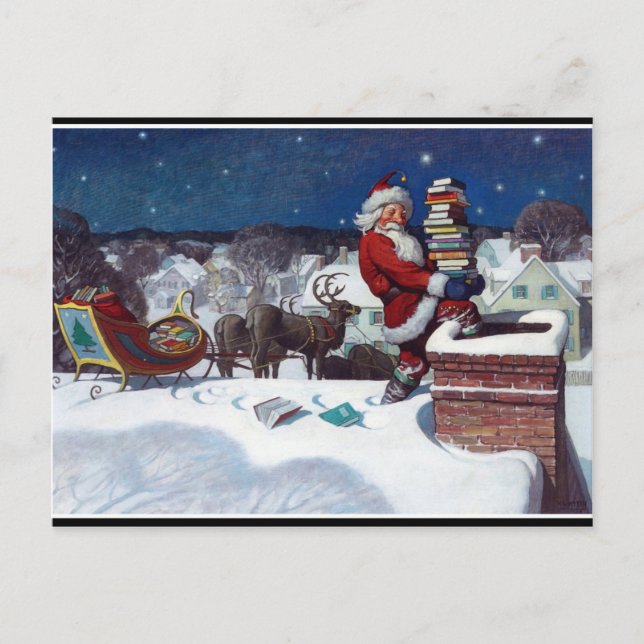 Santa mit Schlitten voller Bücher, schöne Kunstmal Postkarte (Vorderseite)