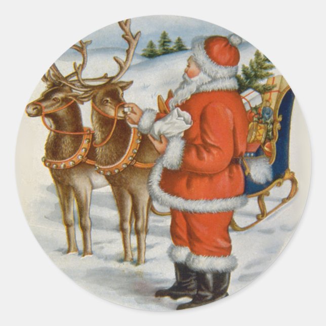 Santa mit seinem Rentier Runder Aufkleber (Vorderseite)