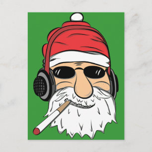 Santa mit Sonnenbrille Zigarette und Kopfhörer Feiertagspostkarte