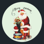 Santa mit Spielzeug frohe Weihnachten Runder Aufkleber<br><div class="desc">Santa with Toys Frohe Weihnachtszeit Klassischer Rundaufkleber</div>