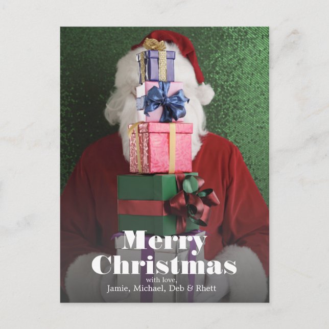Santa mit Stapel Geschenke Feiertagspostkarte (Vorderseite)