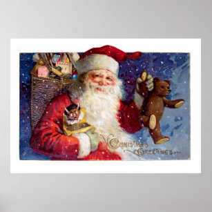 Santa mit Teddy und Krampus in einer Box Poster