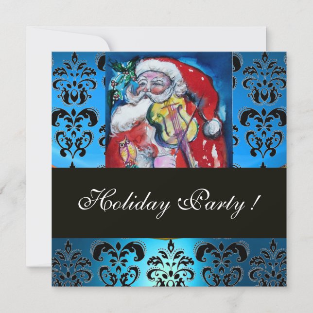 SANTA MIT VIOLIN, BLUE BLACK DAMASK MONOGRAMM Ruby Einladung (Vorderseite)